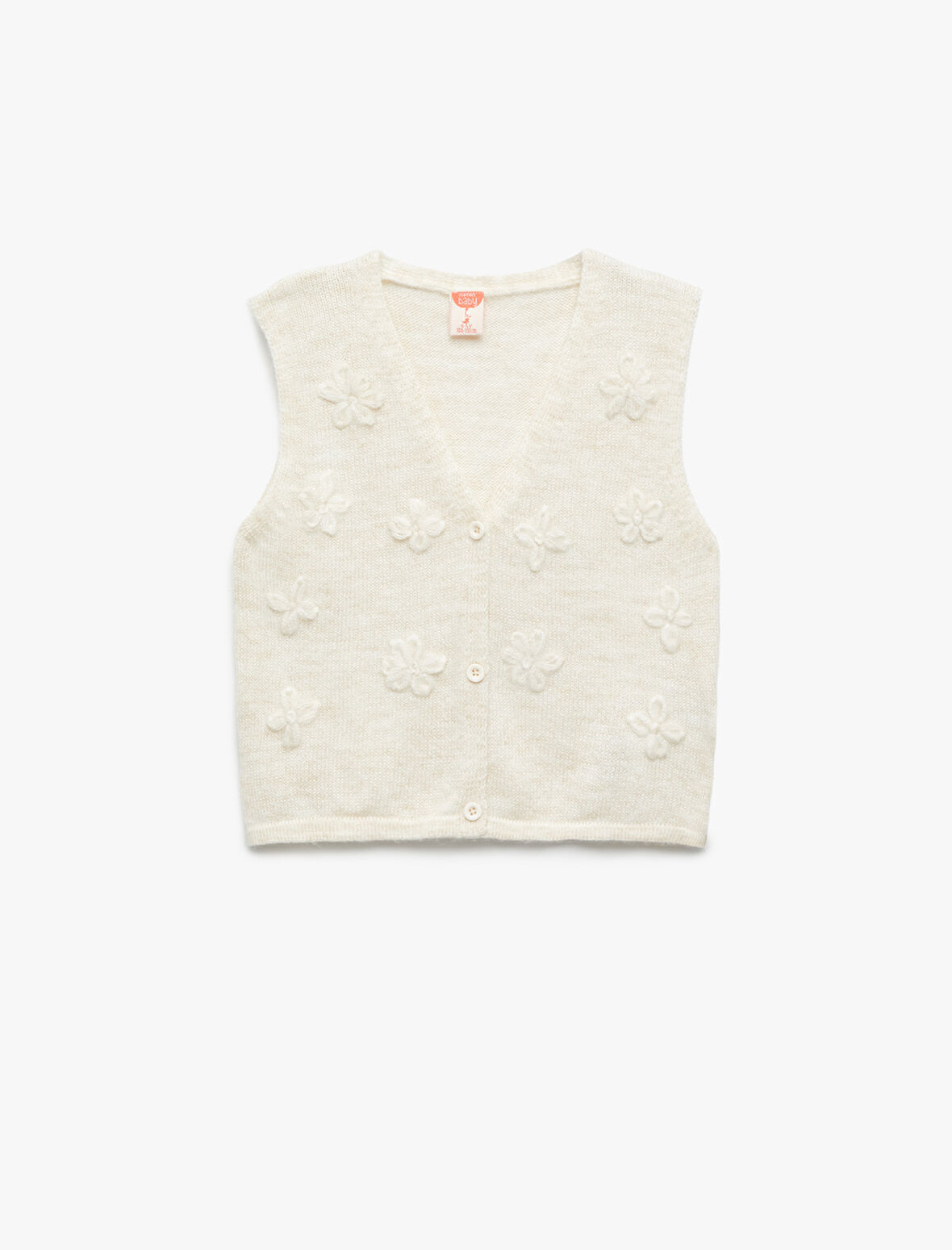 Çiçek Aplikeli Düğmeli V Yaka Triko Süveter