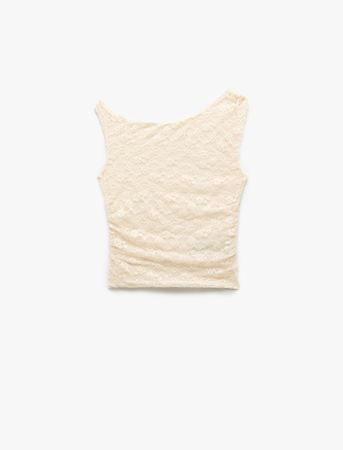 Slim Fit Drape Detaylı Asimetrik Yaka Kolsuz Dantel Bluz