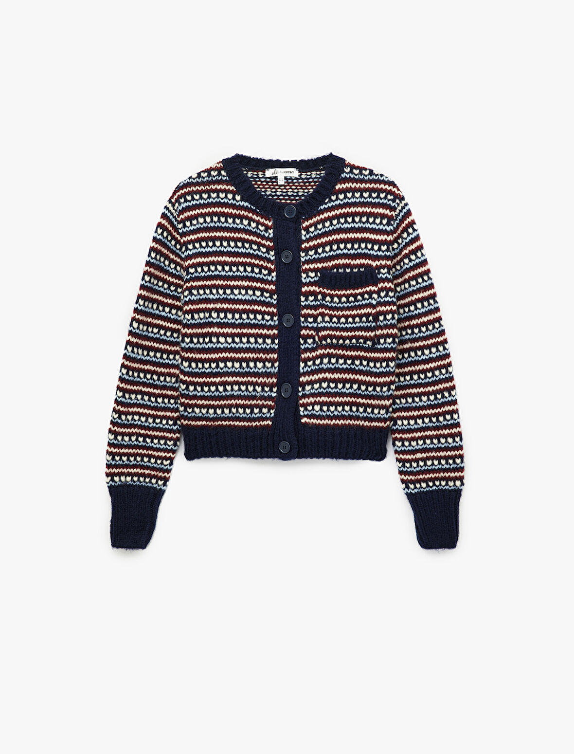 Düğmeli Cep Detaylı Uzun Kollu Bisiklet Yaka Kalpli Triko Hırka