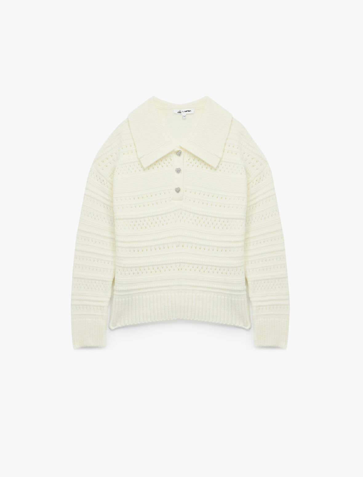 Ajurlu Uzun Kollu Taşlı Düğmeli Polo Yaka Triko Kazak