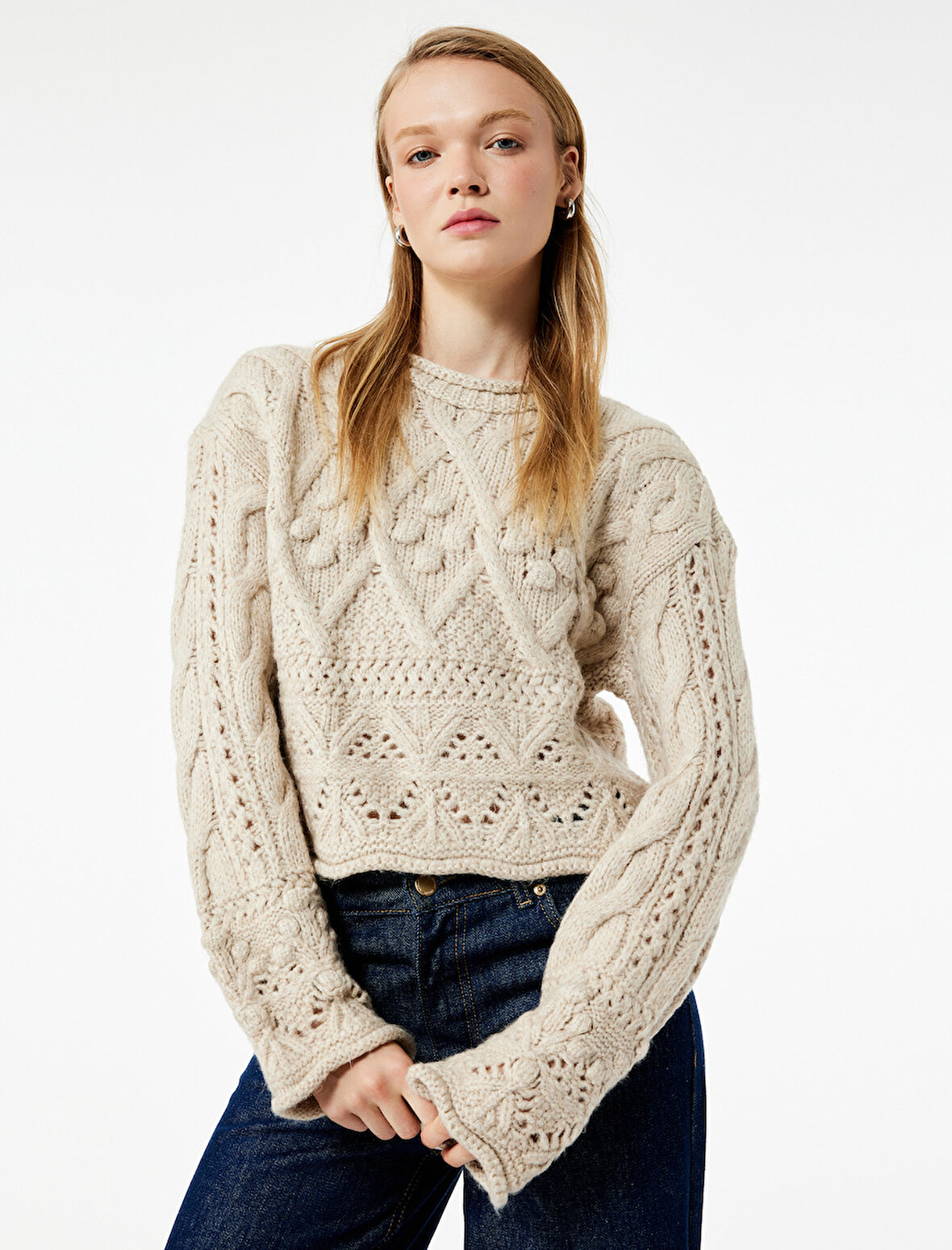 Bisiklet Yaka Uzun Kollu Örgü Dokulu Triko Crop Kazak