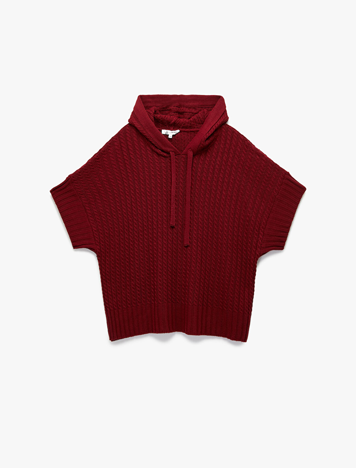 Geniş Kısa Kollu Kapüşonlu Saç Örgüsü Dokulu Triko Oversize Panço