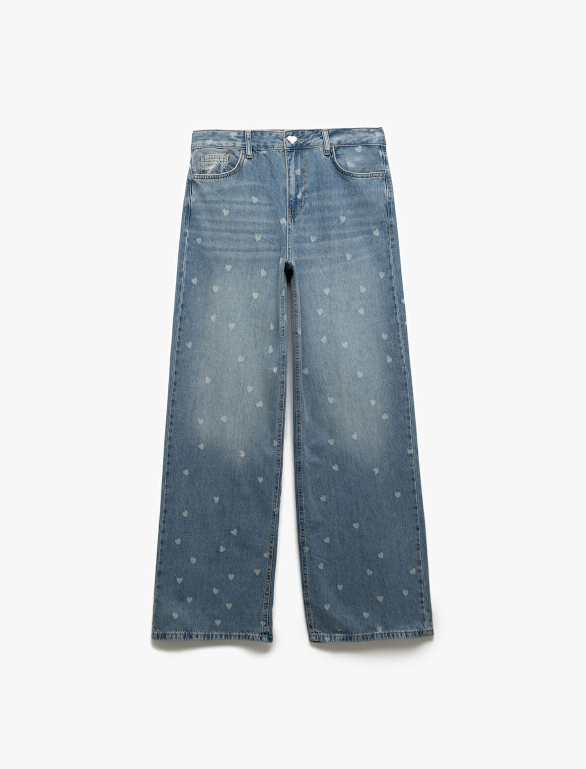 Kalp Baskılı Normal Paça Pamuklu Bol Kalıp Denim Pantolon - Loose Straight Fit Jean