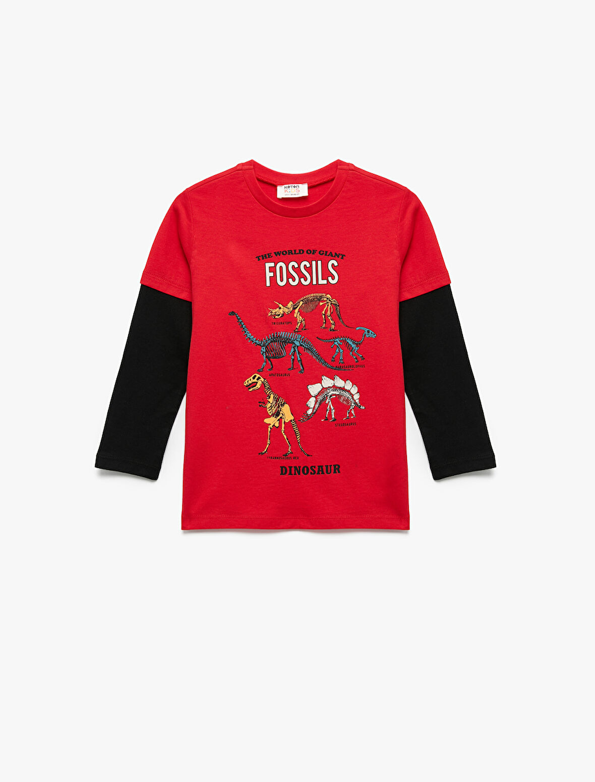 Dinozor Baskılı Uzun Kollu Pamuklu Bisiklet Yaka Tişört