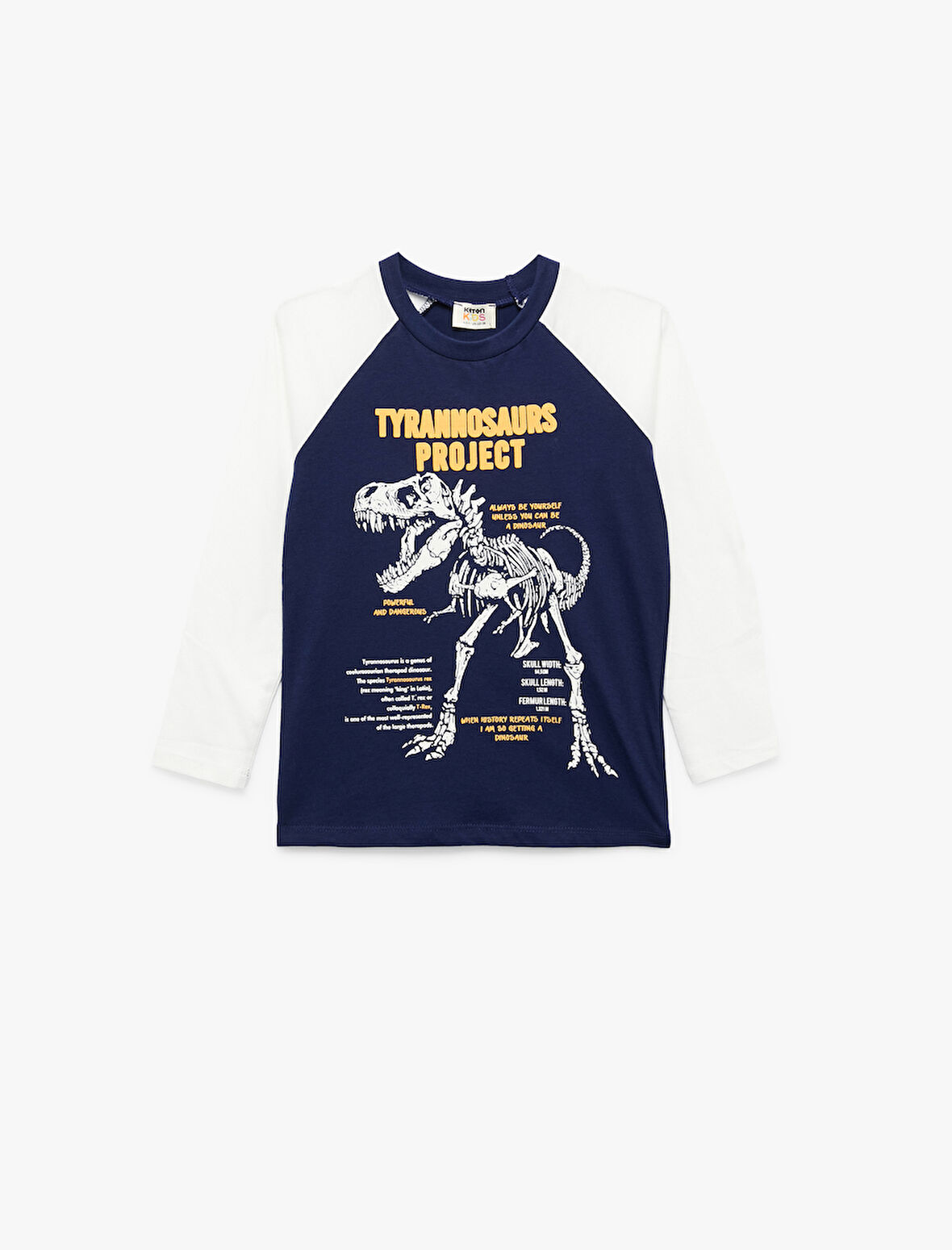 Uzun Kollu Bisiklet Yaka Dinozor Baskılı Pamuklu Tişört