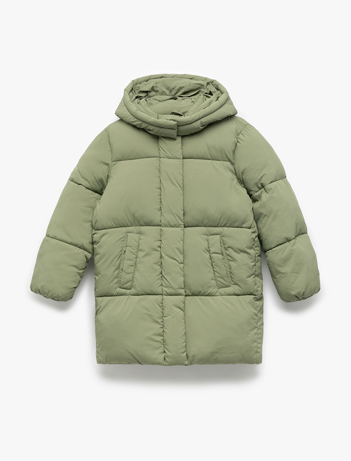 Uzun Kollu Cepli Kapitone Kapşonlu Uzun Şişme Mont