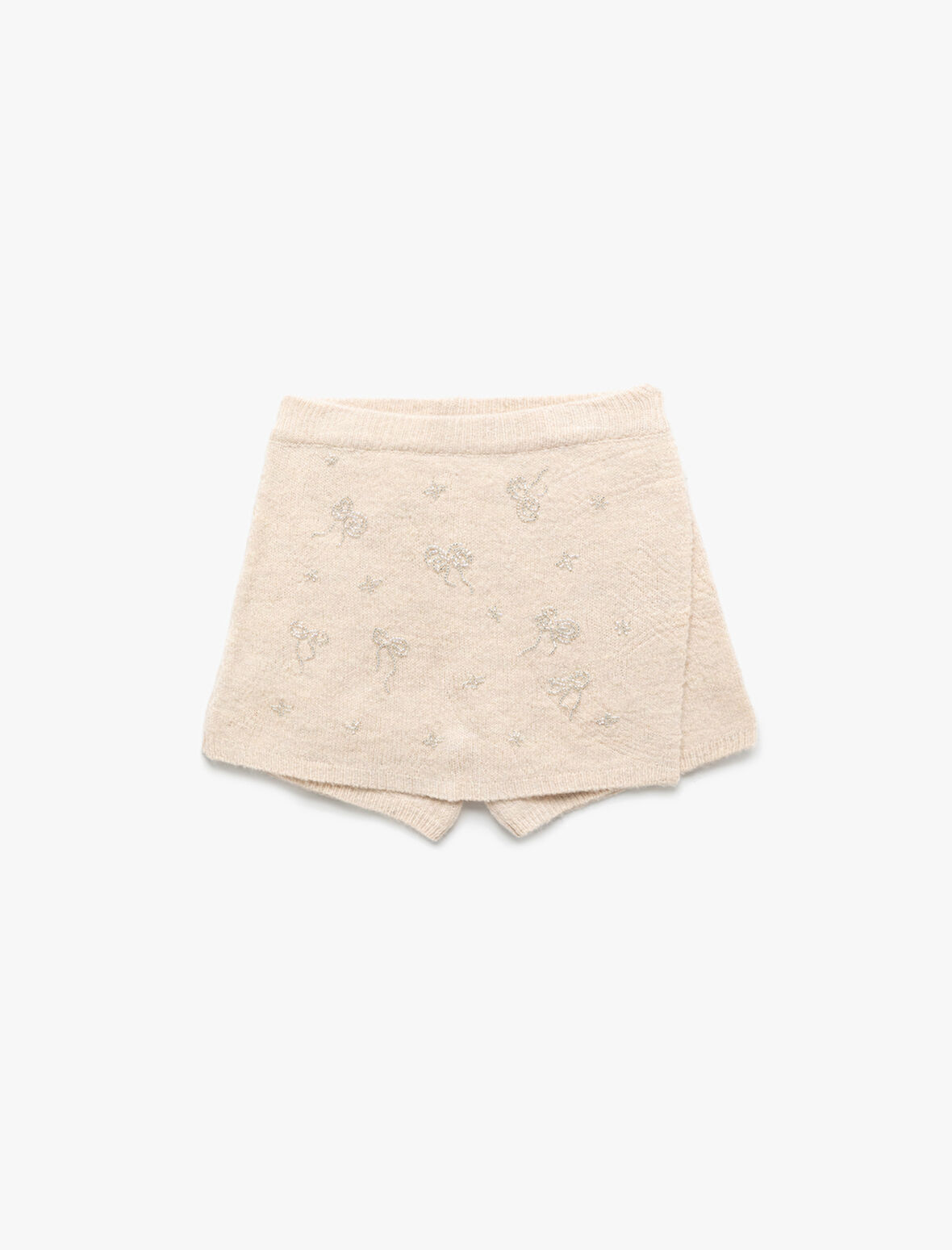 Fiyonk Desenli Boncuk Detaylı Triko Şort Etek