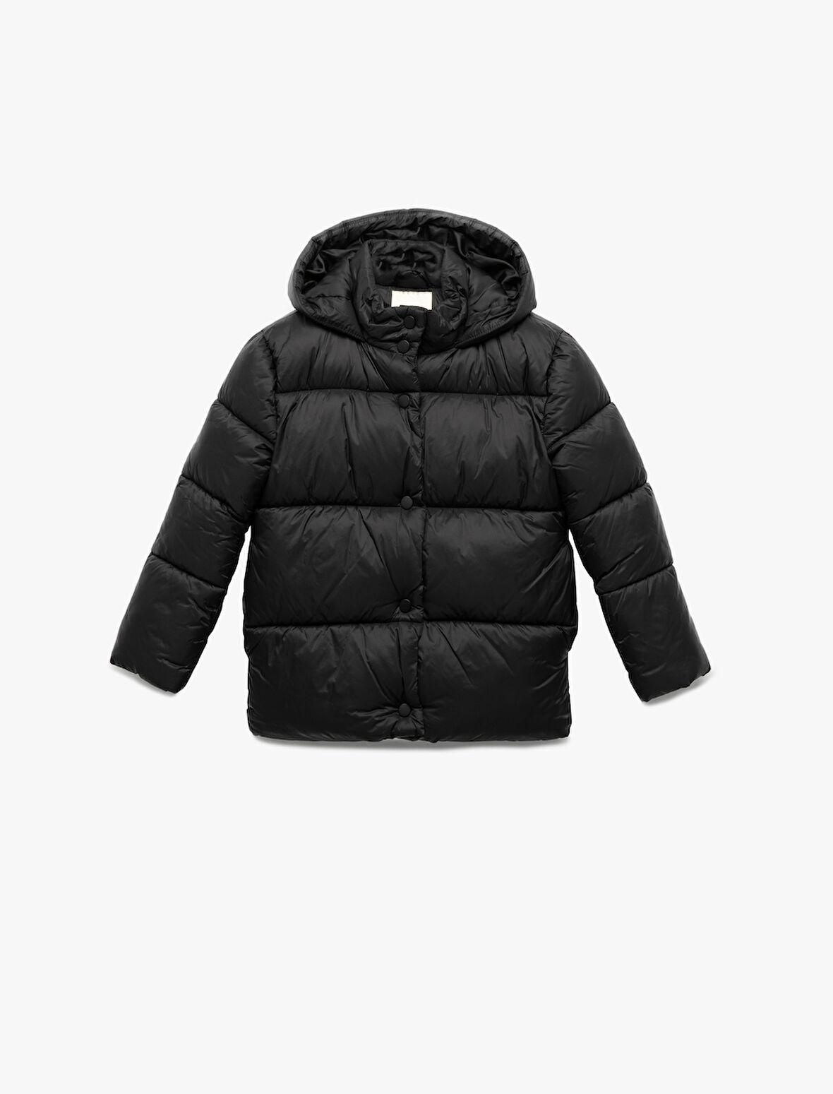 Uzun Kollu Çıtçıt Kapamalı Kapşonlu Şişme Mont