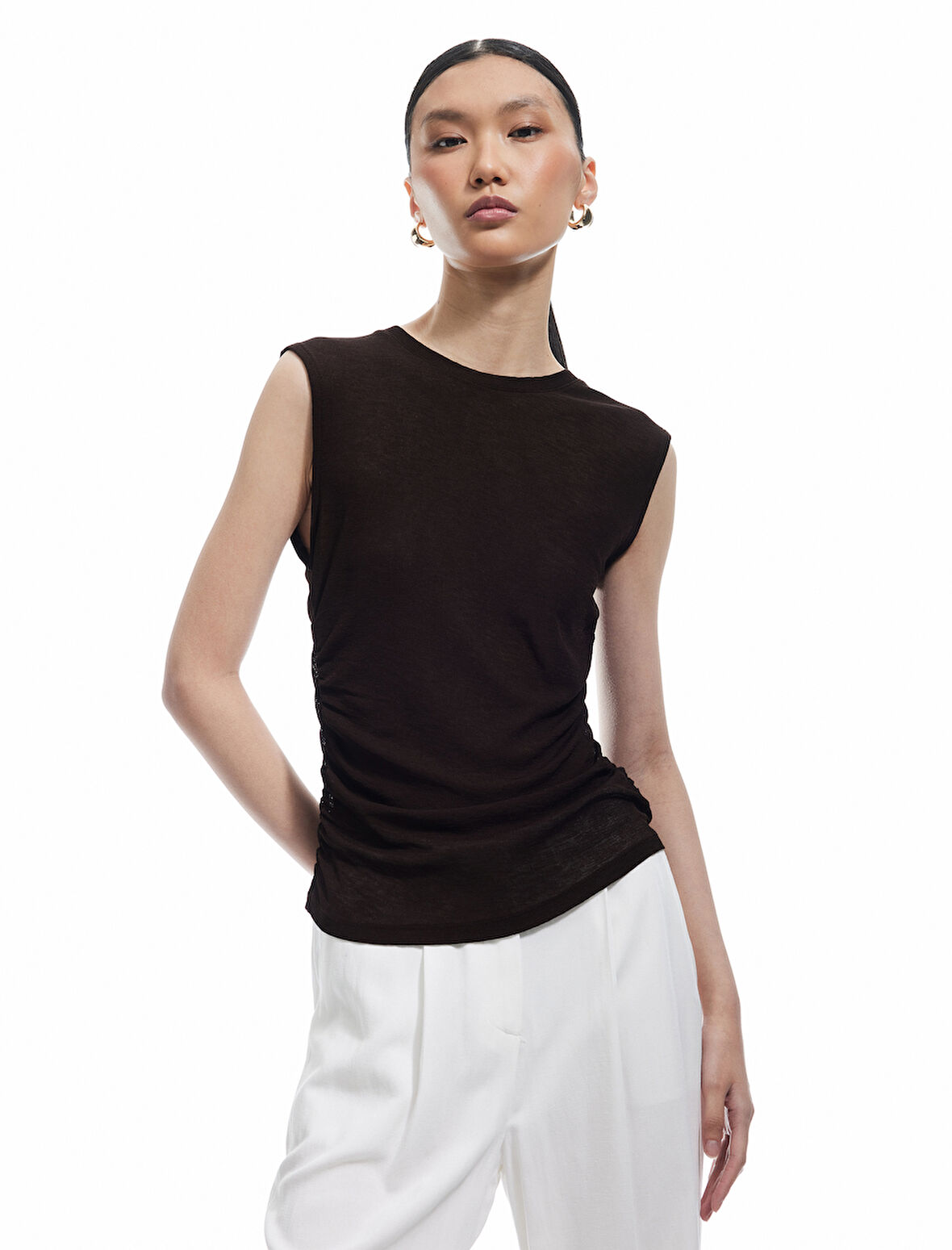 Slim Fit Drapeli Bisiklet Yaka Kolsuz Bluz