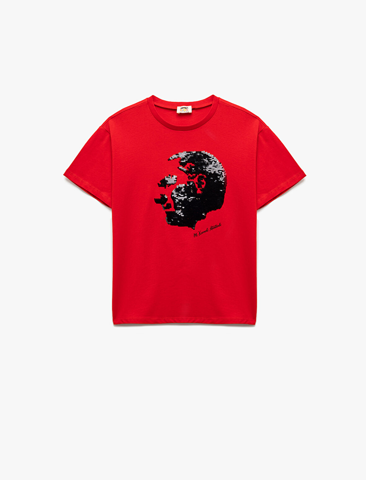 Pullu Payetli Atatürk Baskılı Kısa Kollu Bisiklet Yaka Pamuklu Tişört