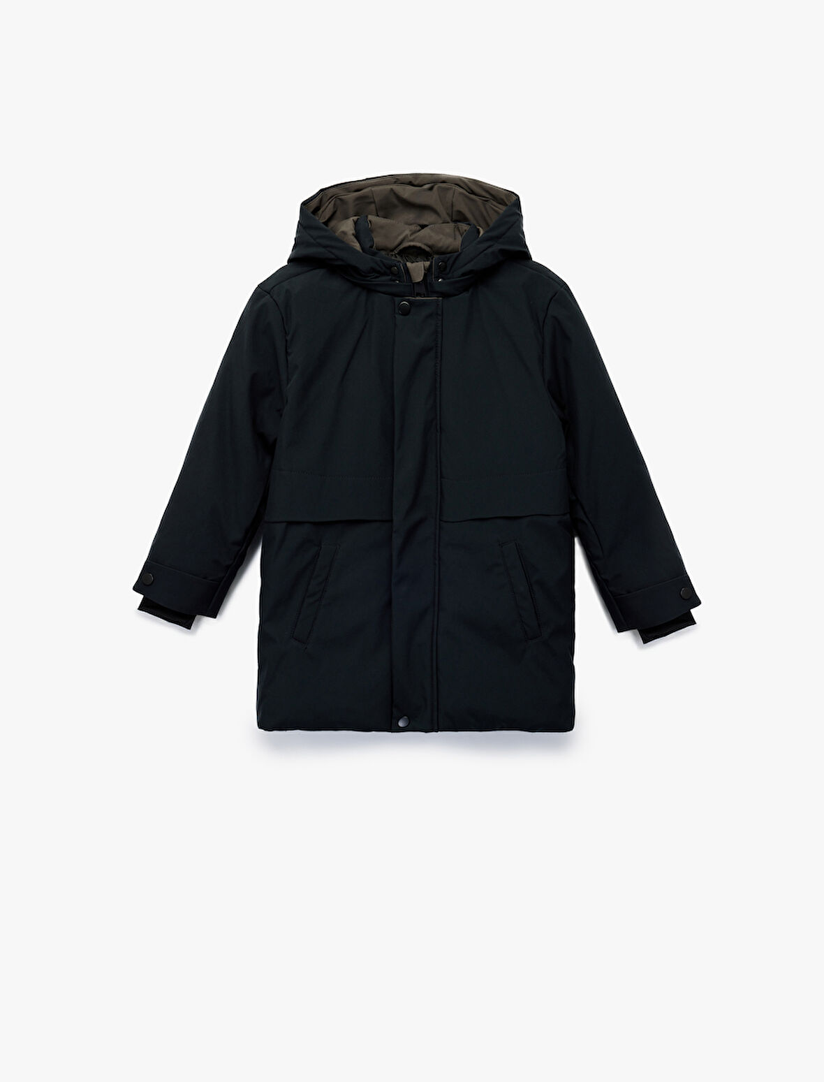 Uzun Kollu Çıtçıt Detaylı Cepli Slim Fit Kapşonlu Mont