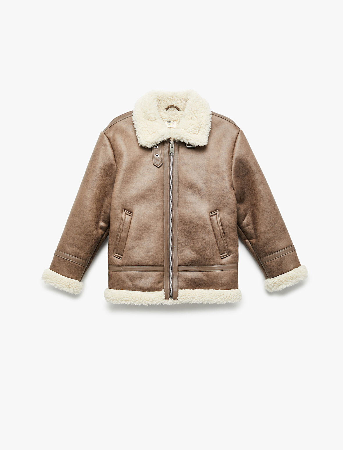 Peluş Yaka Uzun Kollu Cepli Fermuarlı Suni Deri Ceket