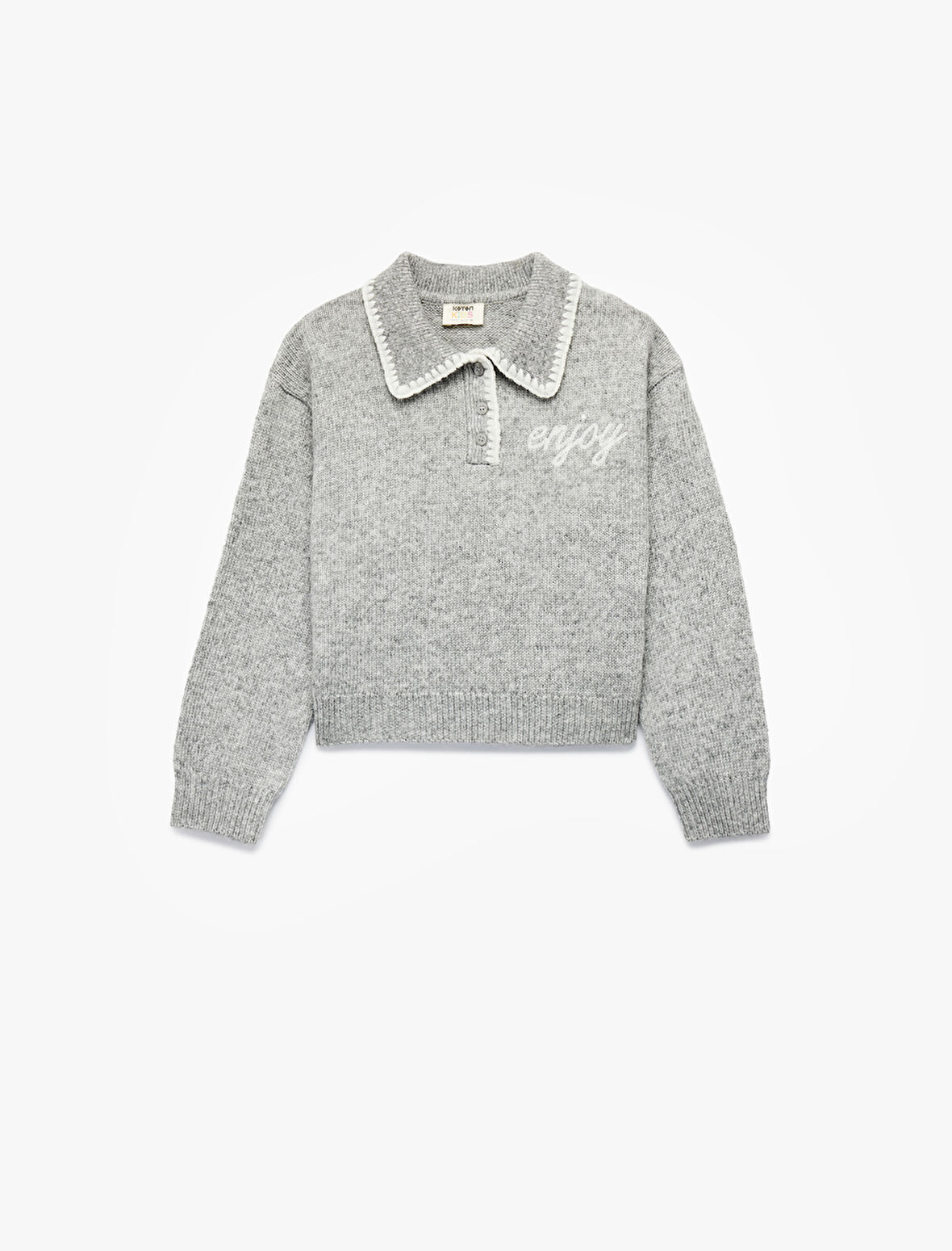 Uzun Kollu Nakışlı Polo Yaka Triko Kazak