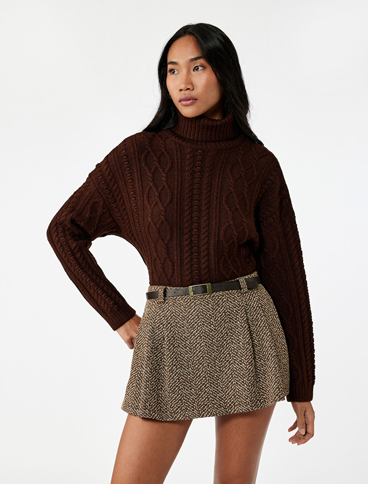 Uzun Kollu Balıkçı Yaka Saç Örgü Oversize Kazak