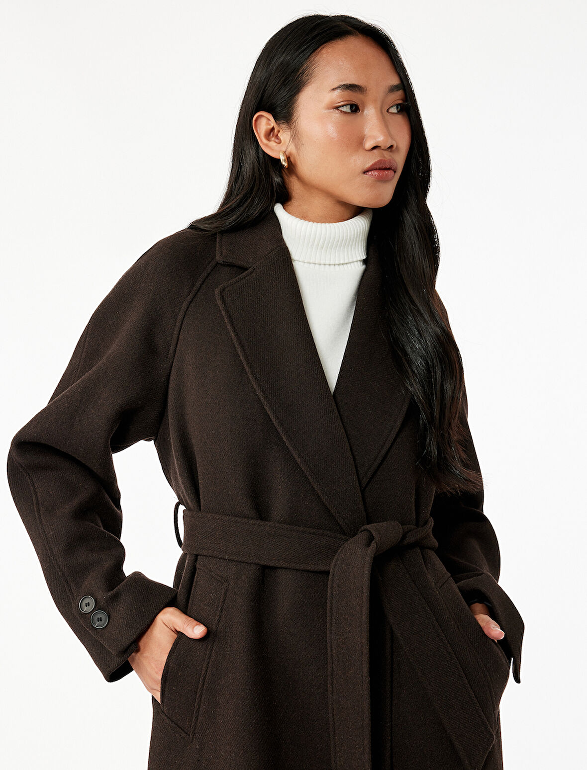 Uzun Kollu Kemerli Cepli Kruvaze Uzun Kaşe Kaban