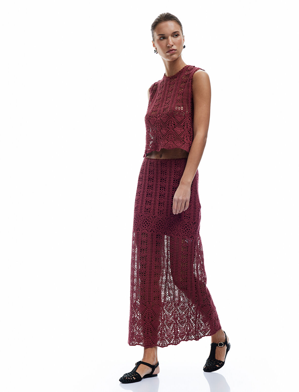 Pamuklu Slim Fit Ajurlu Midi Boy Kroşe Etek