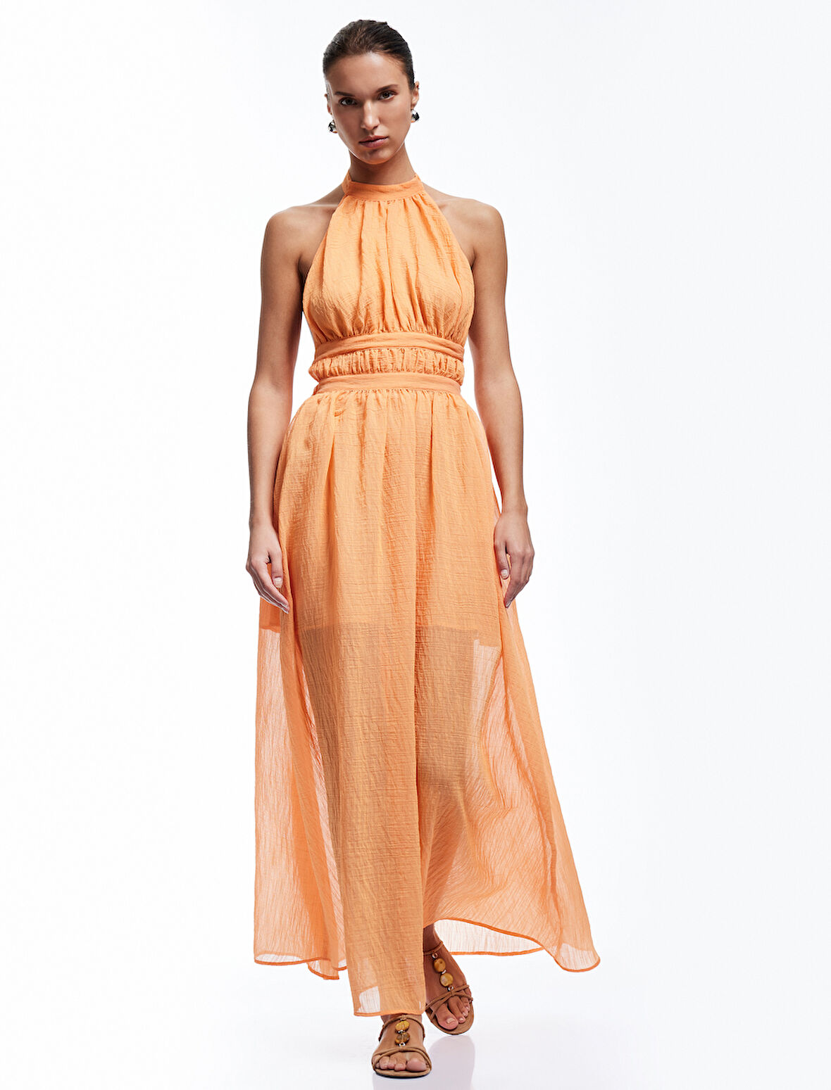 Viskon Boyundan Bağlamalı Sırt Dekolteli Halter Yaka Uzun Elbise