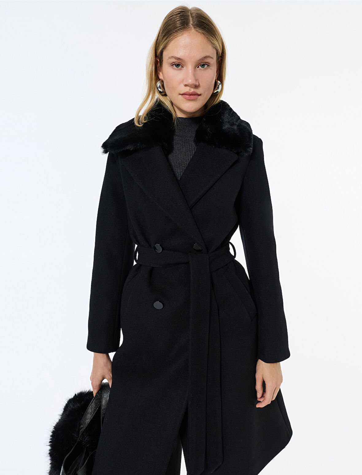 Suni Kürk Yaka Kaban Kaşe Kemerli Uzun Kollu