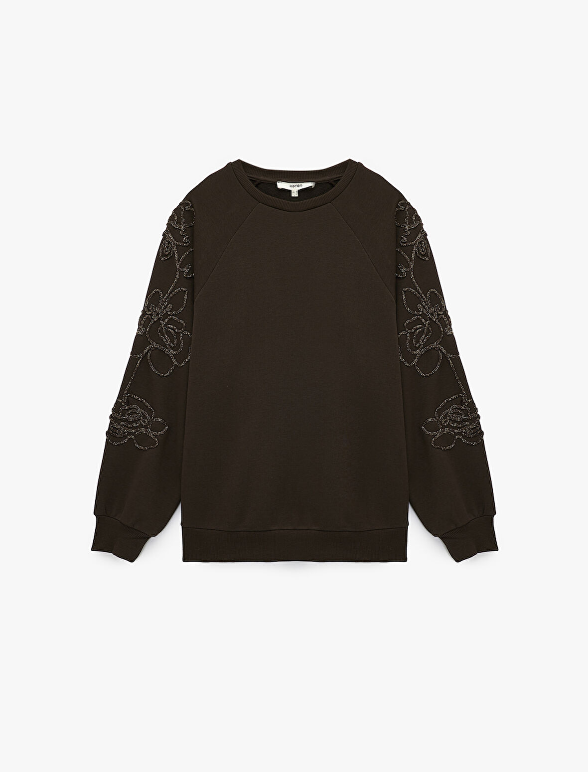 Uzun Kollu Bisiklet Yaka Çiçekli Boncuk Nakış Detaylı Oversize Sweatshirt