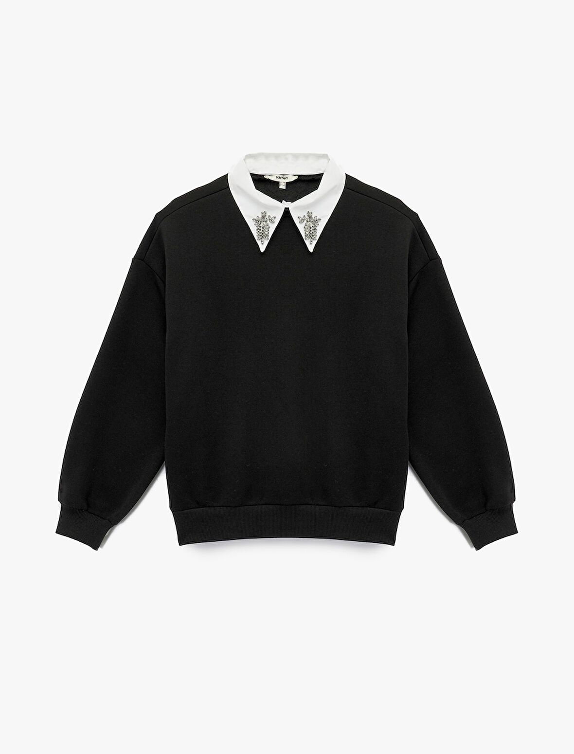 Üç İplik Uzun Kollu Taş Detaylı Gömlek Yaka Sweatshirt