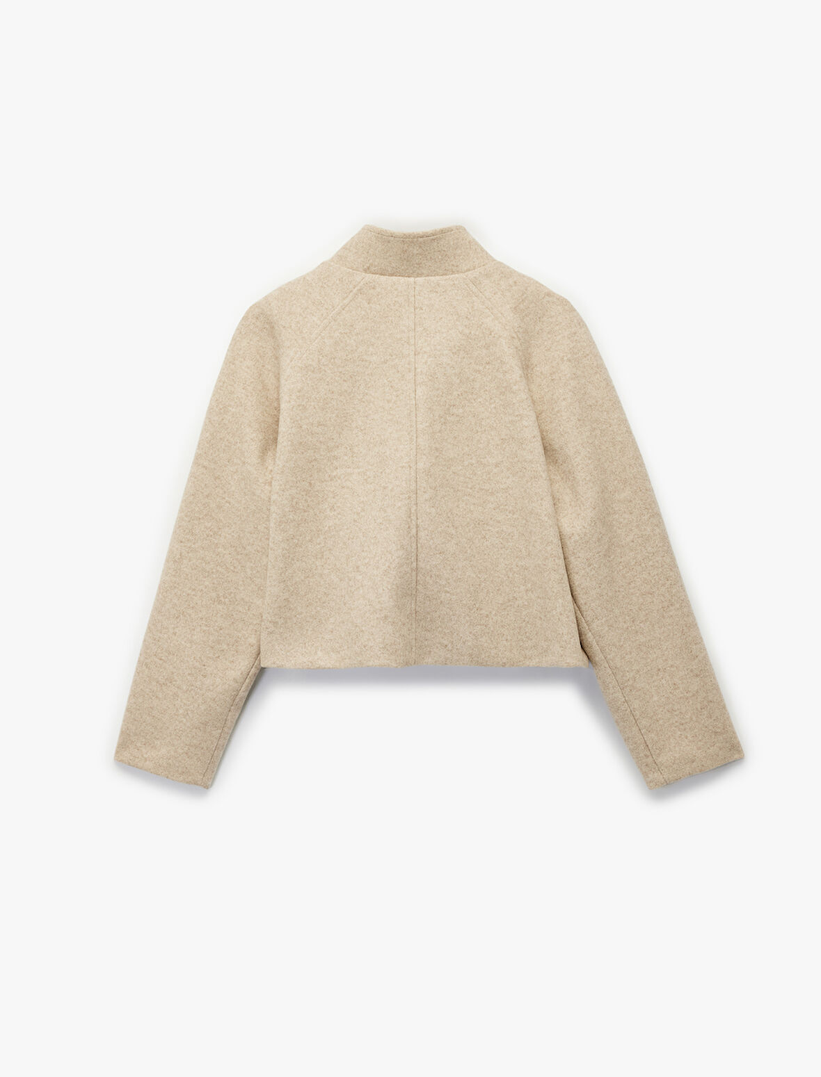 Uzun Kollu Cepli Dik Yaka Düğmeli Kruvaze Kısa Kaşe Mont