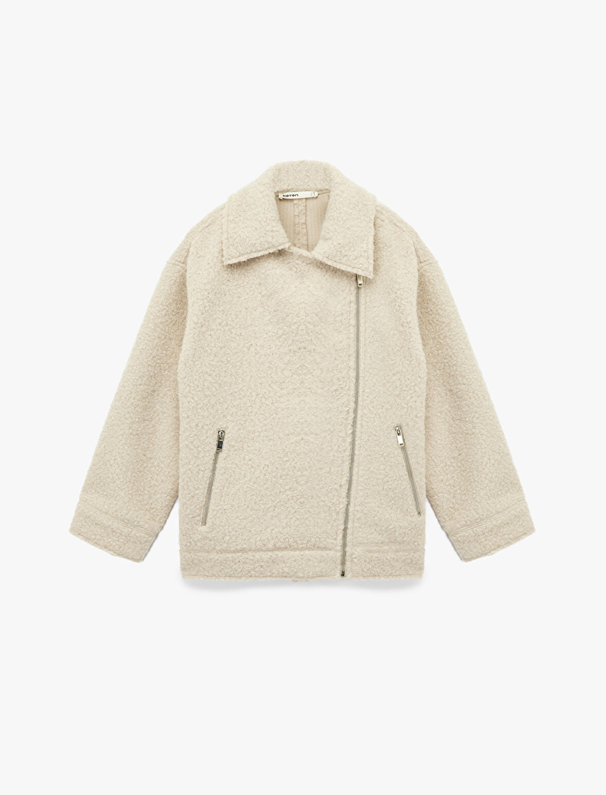 Uzun Kollu Cepli Fermuar Detaylı Kısa Buklet Kaban