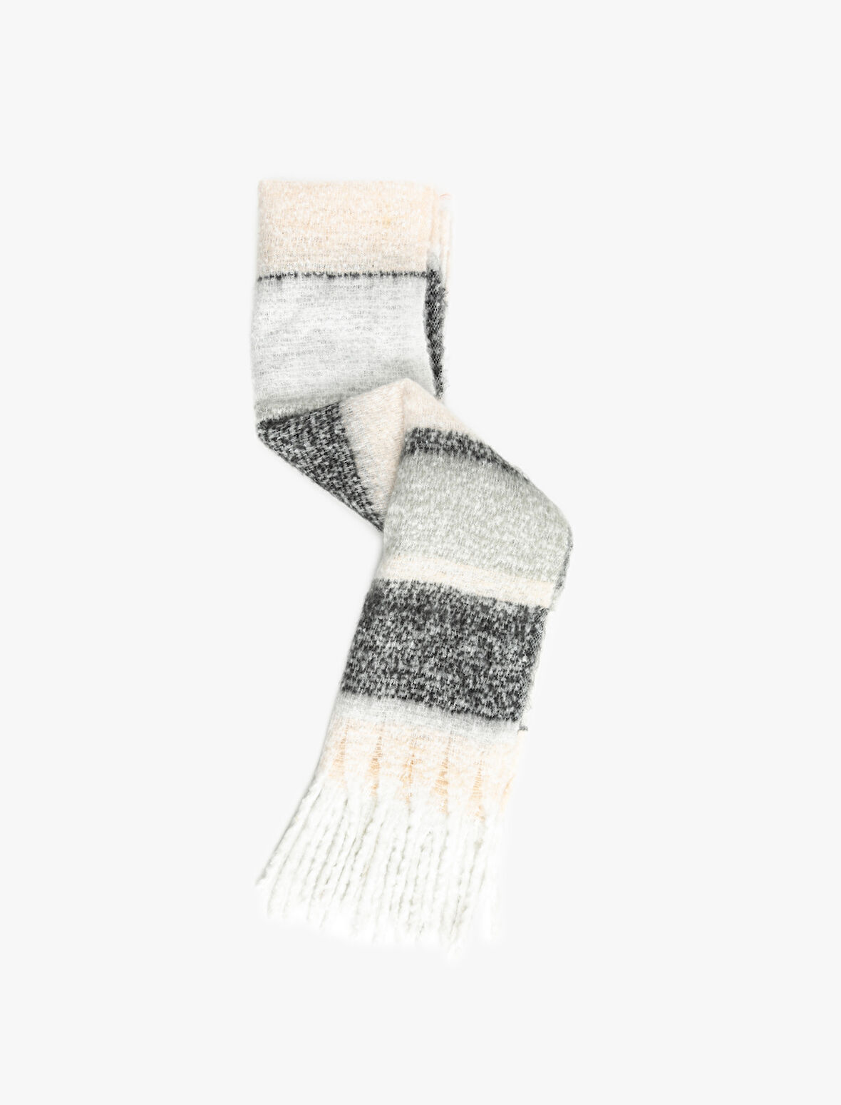 Yumuşak Dokulu Püsküllü Renk Bloklu Uzun Atkı