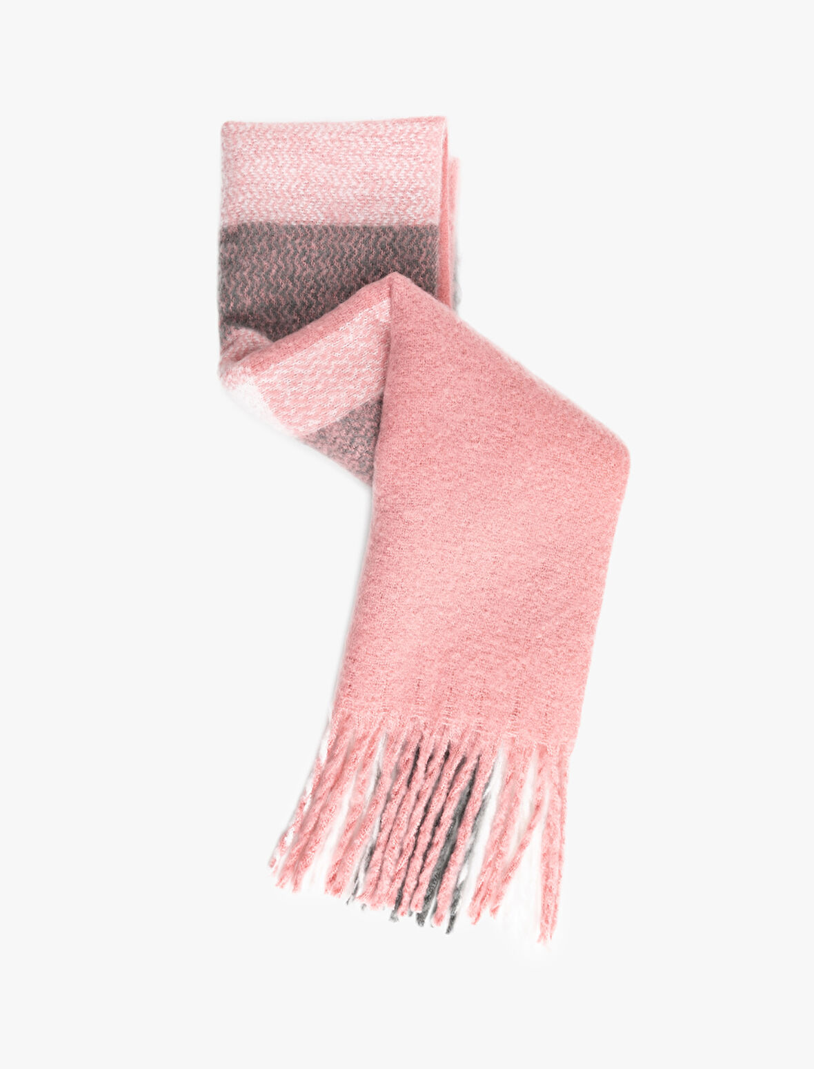 Yumuşak Dokulu Püsküllü Renk Bloklu Uzun Atkı