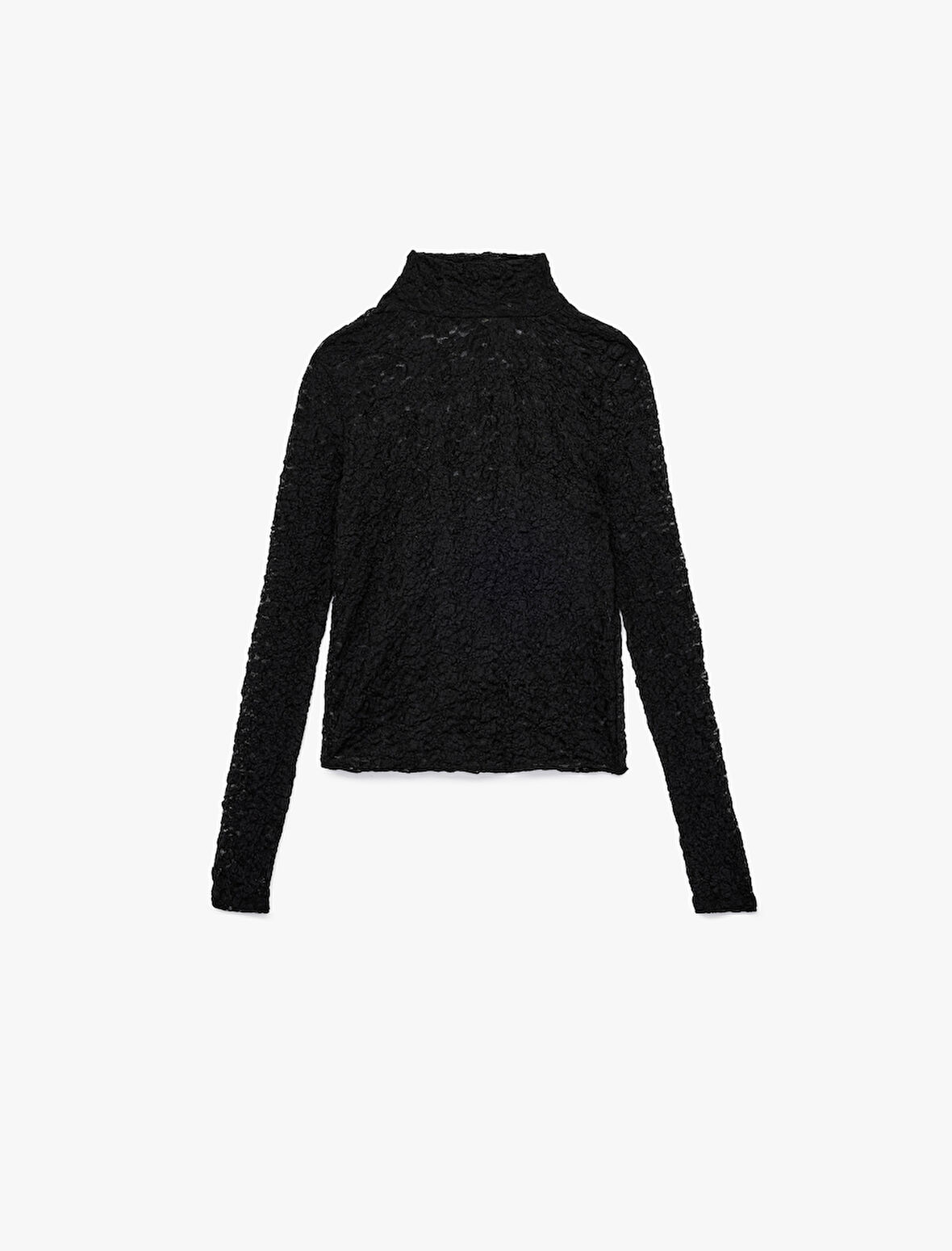 Slim Fit Uzun Kollu Dik Yaka Floral Dokulu Dantelli Bluz