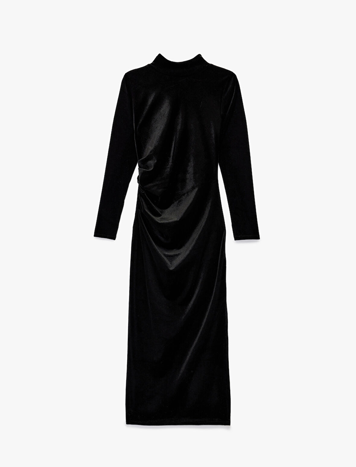 Dik Yaka Uzun Kollu Yırtmaçlı Midi Boy Kadife Elbise