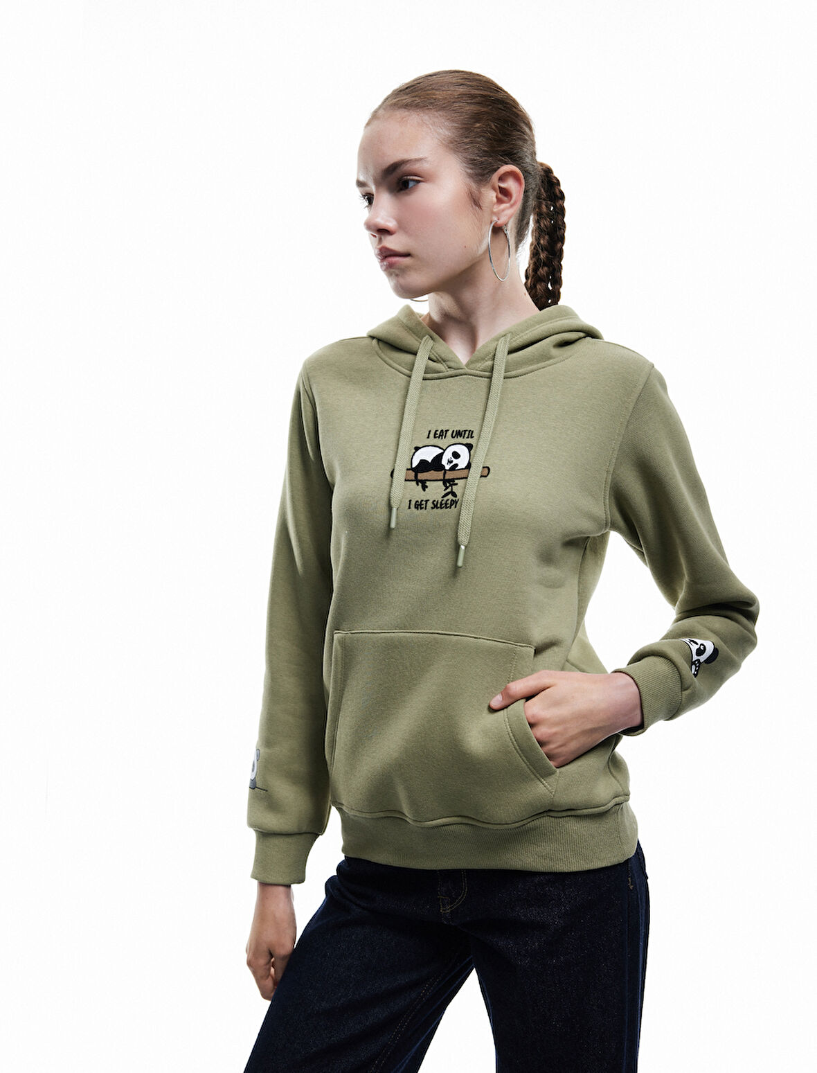 Panda Baskılı Şardonlu Kanguru Cepli Kapüşonlu Sweatshirt