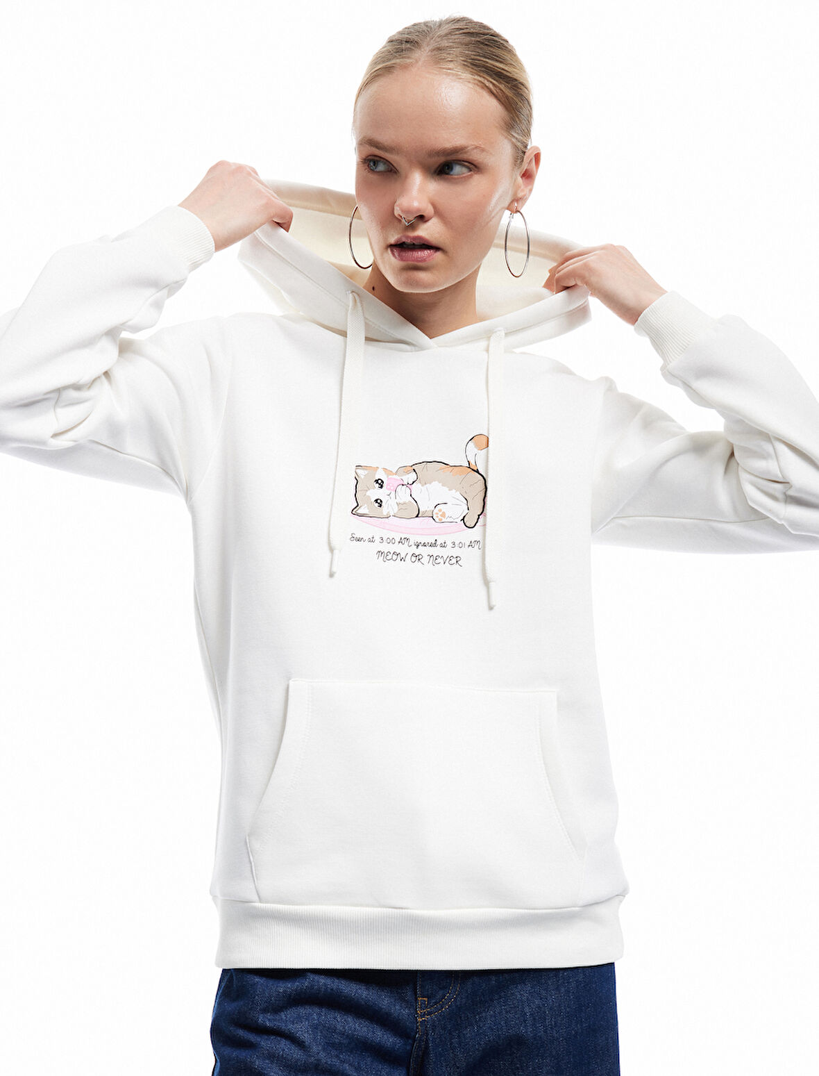 Üç İplik Şardonlu Kanguru Cep Detaylı Kedi Baskılı Kapüşonlu Sweatshirt