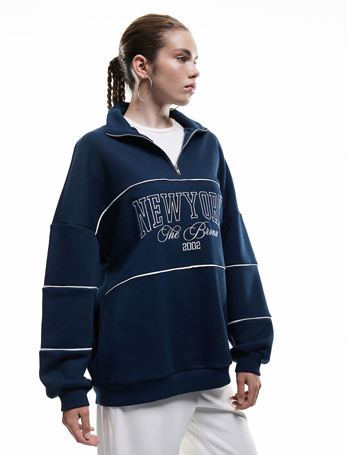 Oversize Uzun Kollu Fermuarlı Yaka Şardonlu Sweatshirt