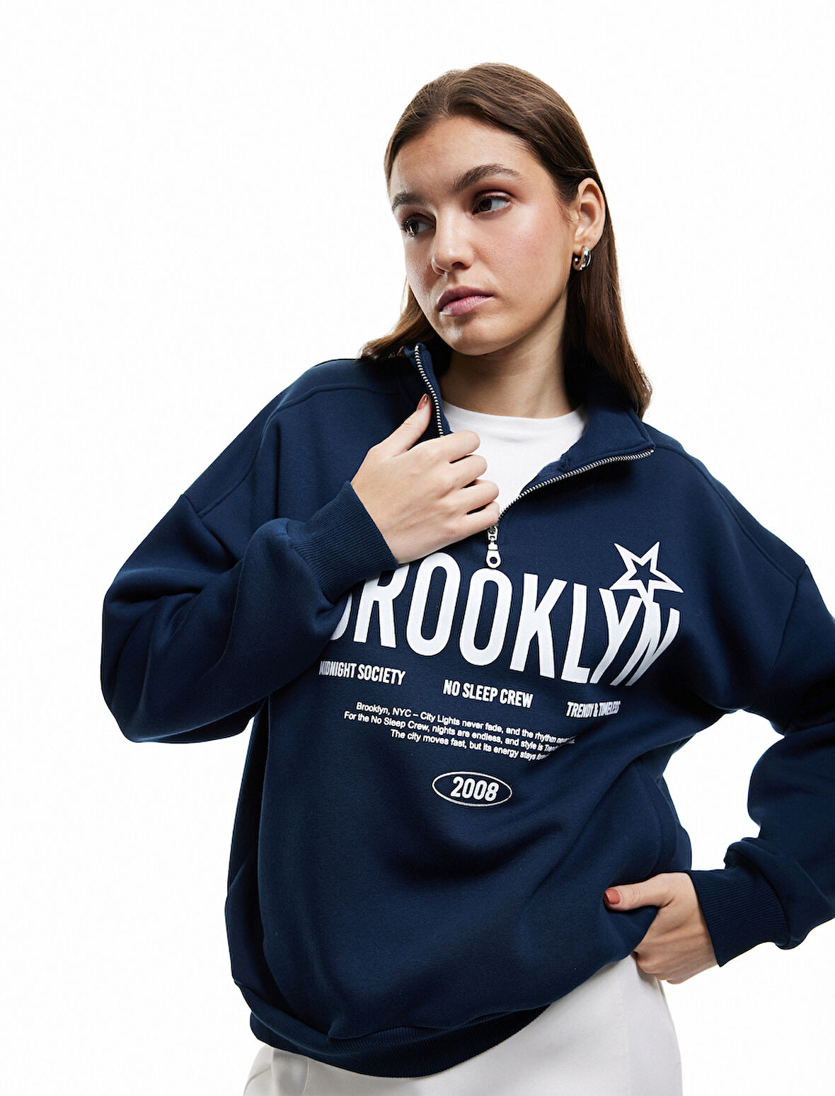 Şardonlu Uzun Kollu Baskılı Yarım Fermuarlı Oversize Sweatshirt