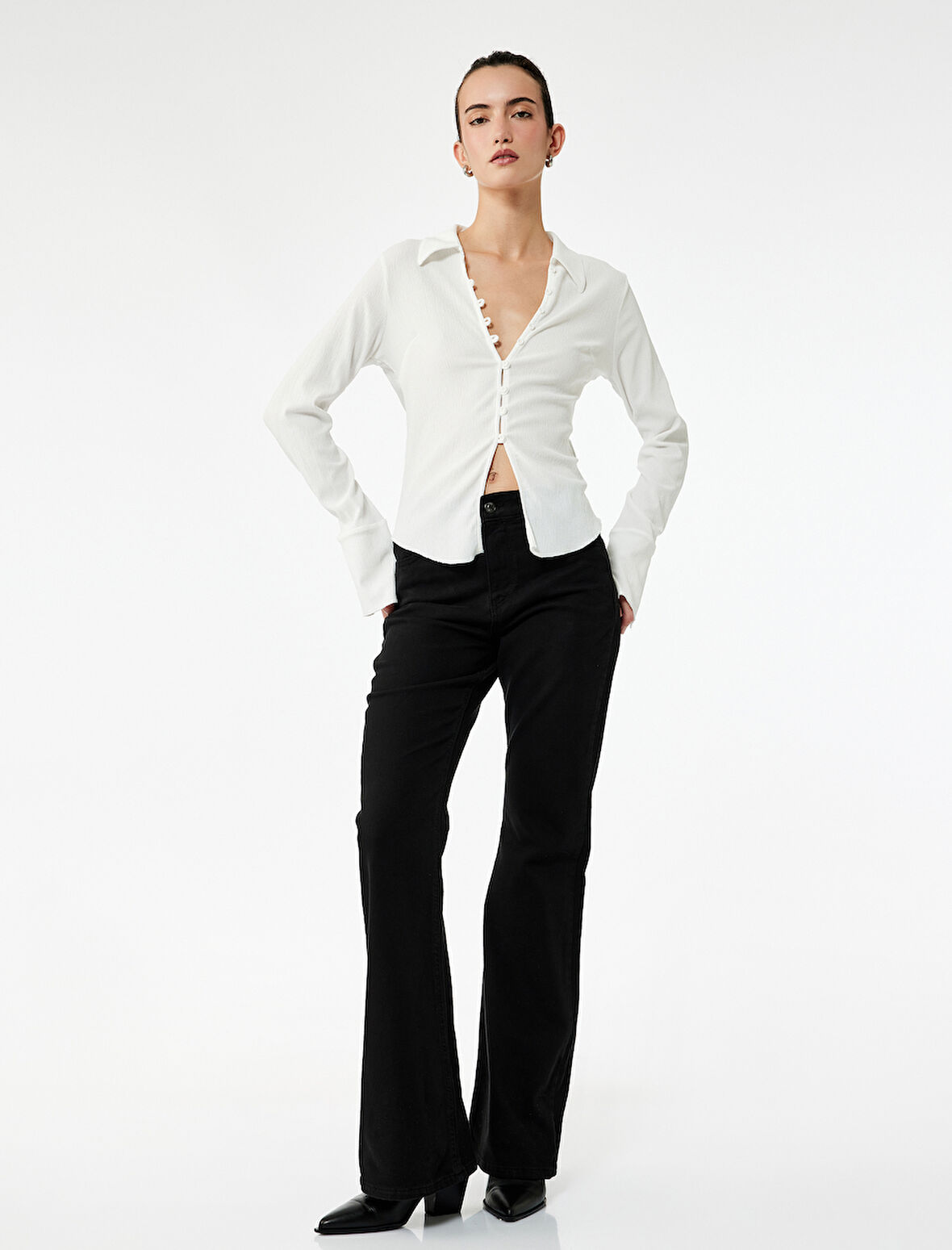 Yüksek Bel Dar Kalıp Pamuklu İspanyol Paça Jean Pantolon - Flare Jeans