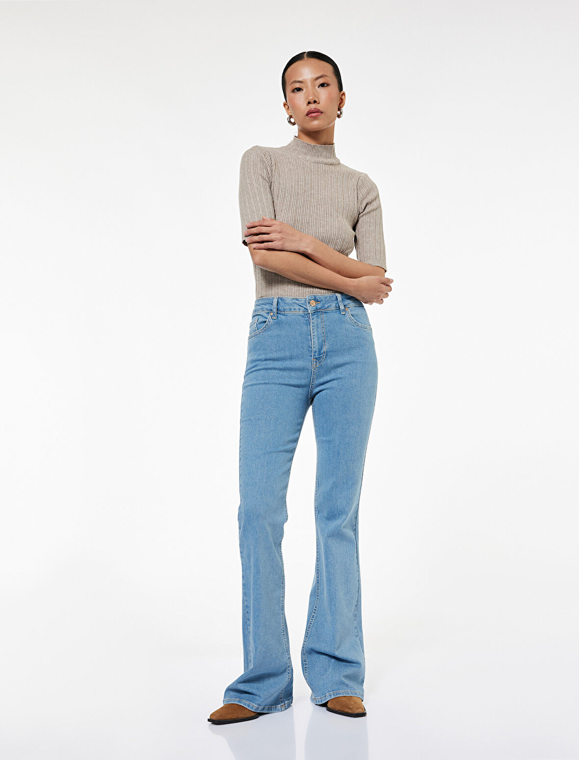 Dar Kalıp Pamuklu Yüksek Bel İspanyol Paça Jean Pantolon - Flare Jeans