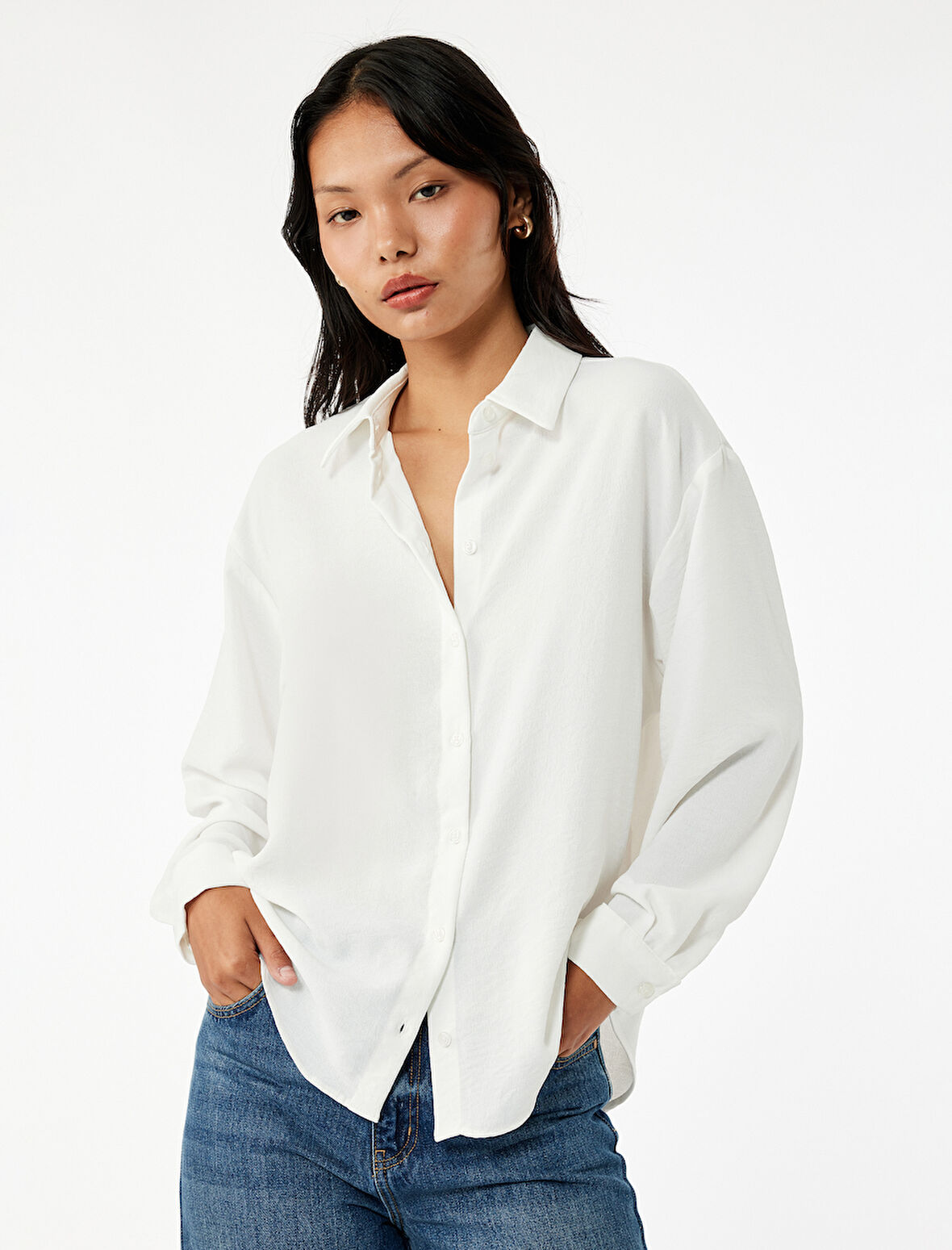 Aerobin Kumaş Düğmeli Klasik Yaka Uzun Kollu Oversize Gömlek