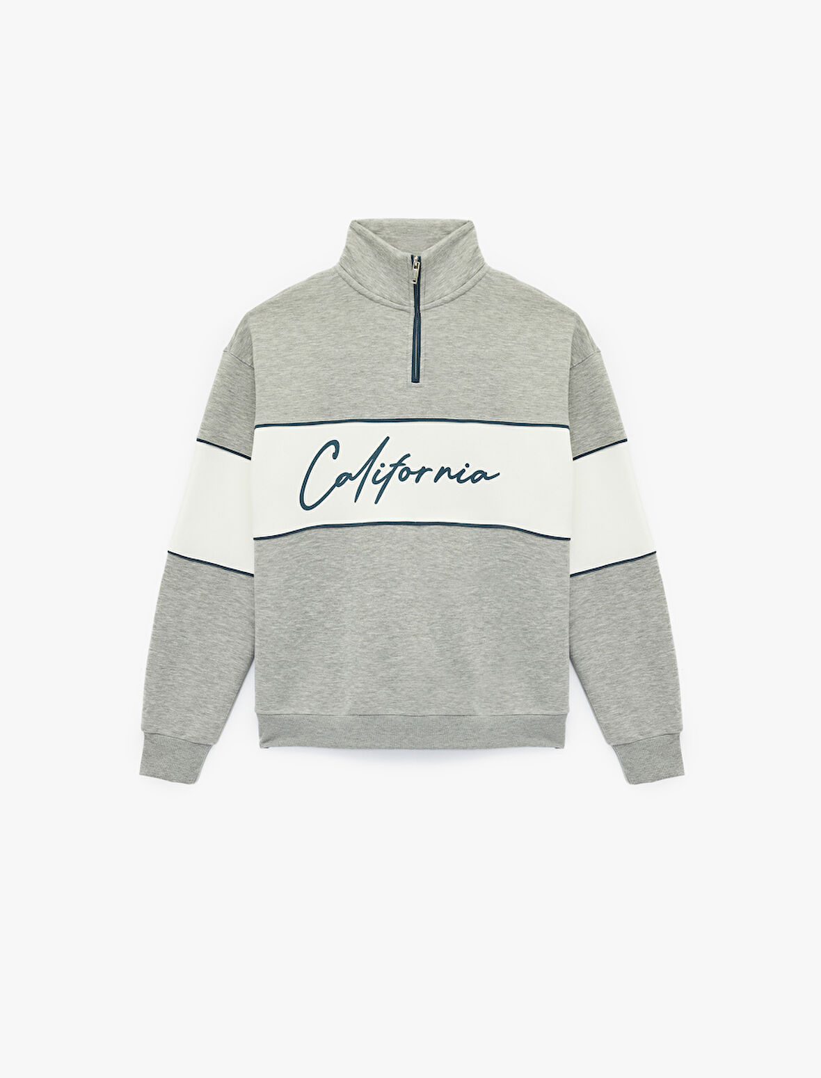 Oversize Şardonlu Renk Bloklu Kolej Baskılı Yarım Fermuarlı Sweatshirt