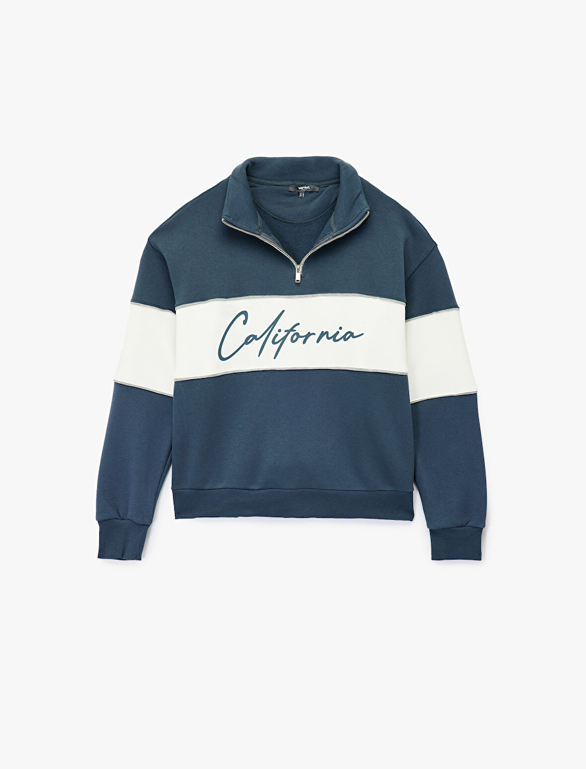 Oversize Şardonlu Renk Bloklu Kolej Baskılı Yarım Fermuarlı Sweatshirt