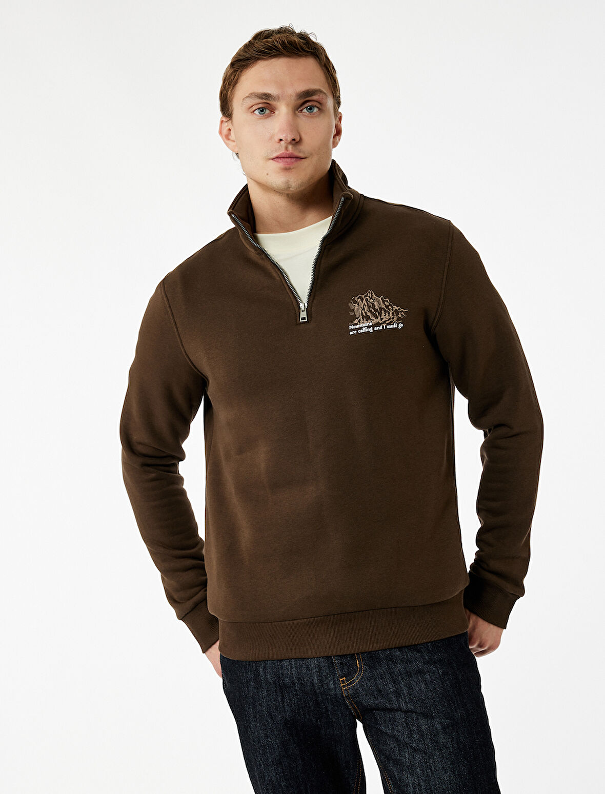 Şardonlu Uzun Kollu Baskılı Yarım Fermuarlı Sweatshirt