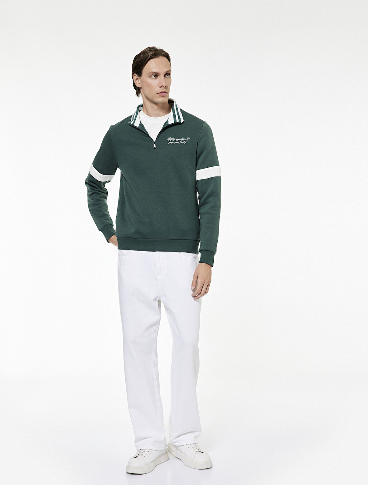 Şardonlu Uzun Kollu Kolej Nakışlı Renk Kontrastlı Yarım Fermuarlı Sweatshirt