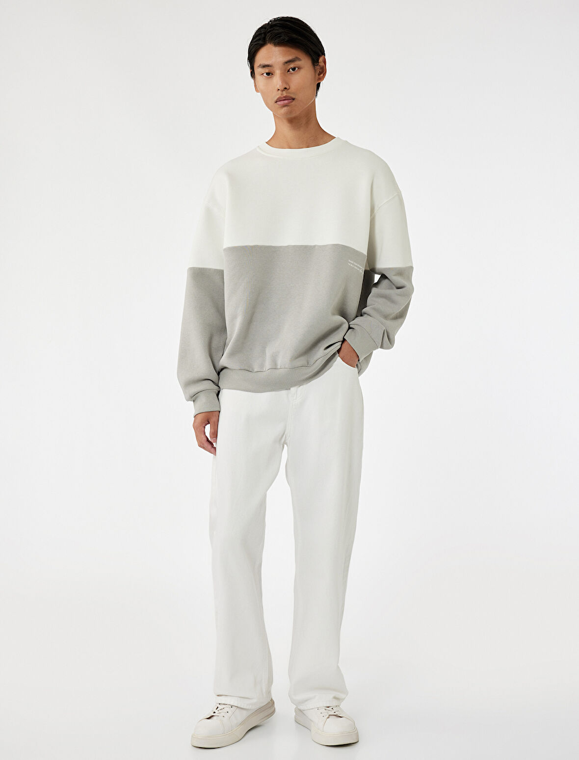 Oversize Uzun Kollu Renk Bloklu Baskı Detaylı Bisiklet Yaka Sweatshirt