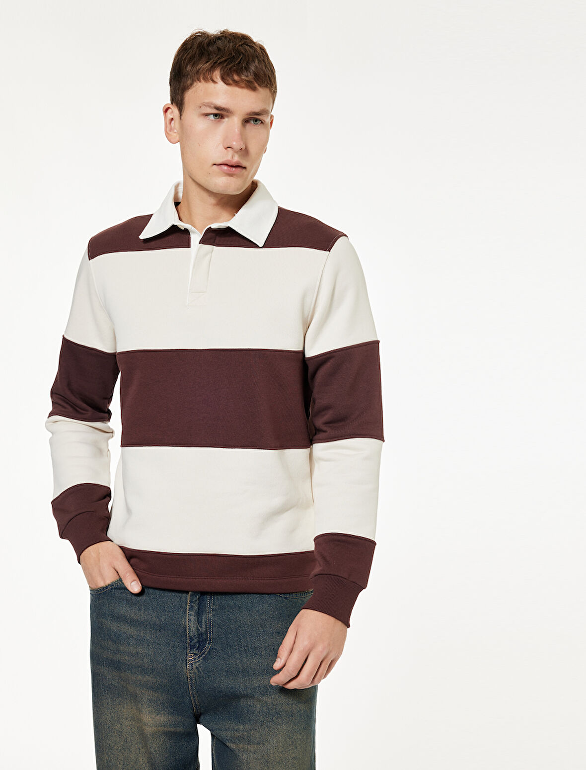 Regular Fit Renk Bloklu Uzun Kollu Polo Yaka Sweatshirt