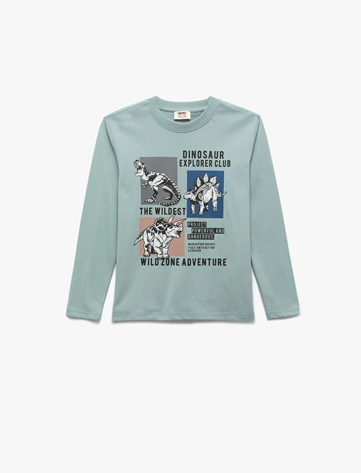 Pamuklu Uzun Kollu Bisiklet Yaka Dinozor Baskılı Tişört