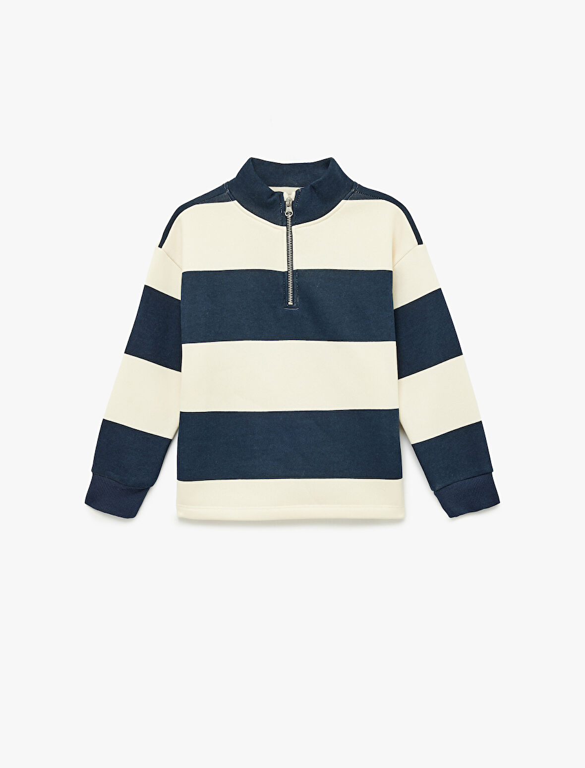 Fermuar Detaylı Uzun Kollu Dik Yaka Çizgili Sweatshirt