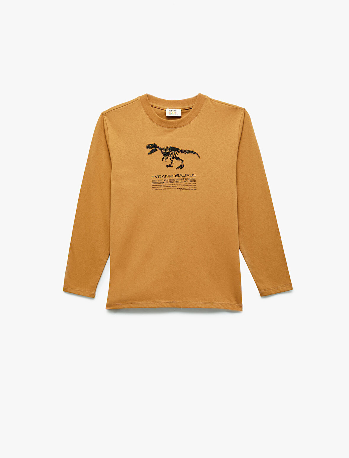 Dinozor Baskılı Uzun Kollu Bisiklet Yaka Pamuklu Tişört