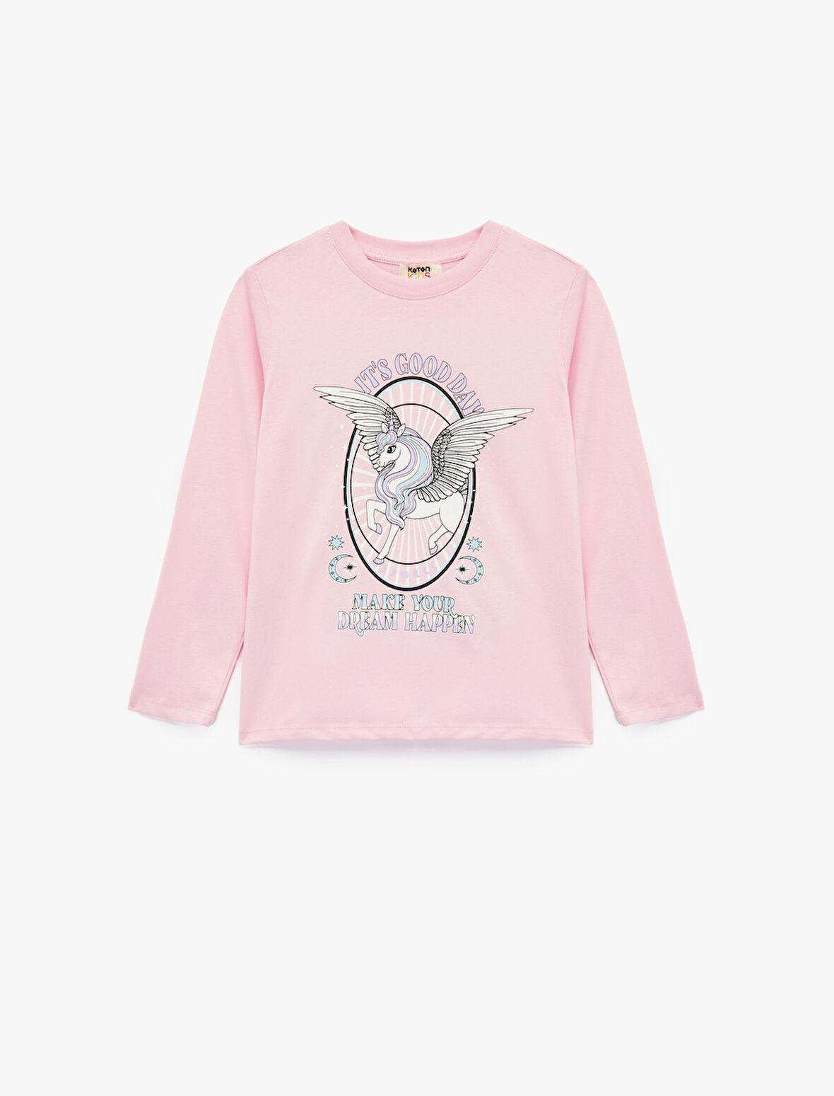 Pamuklu Unicorn Baskılı Uzun Kollu Bisiklet Yaka Tişört