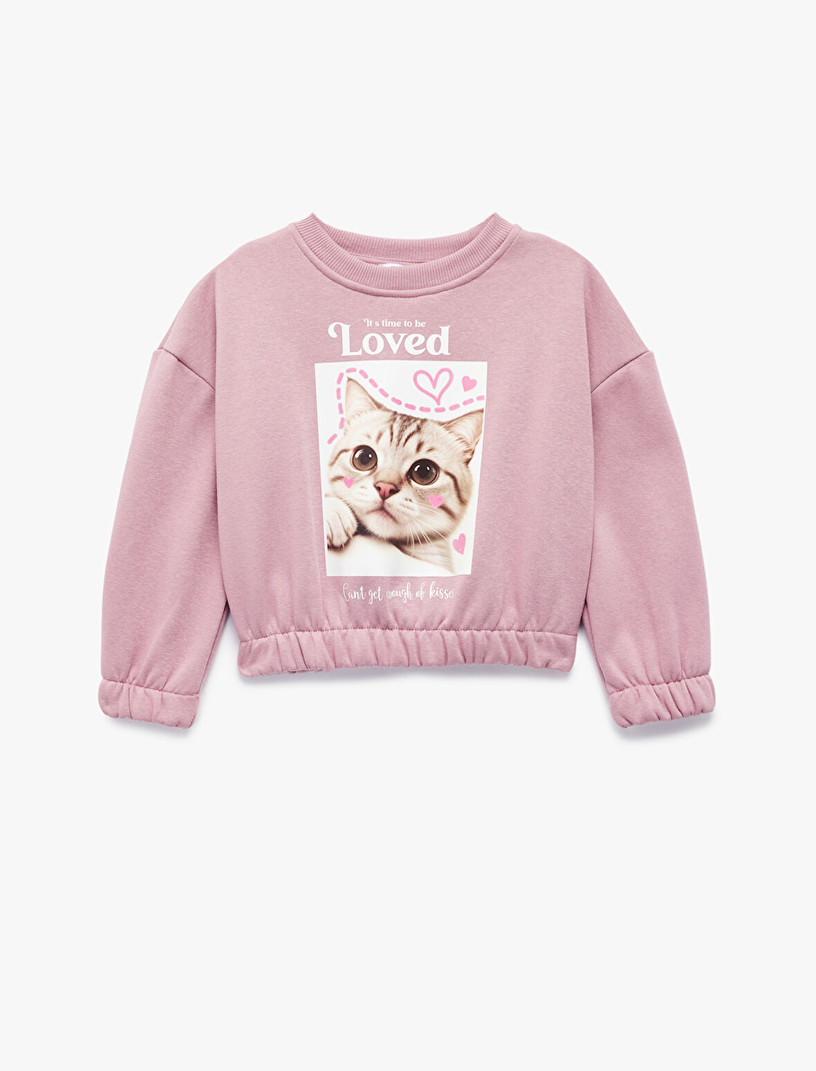 Beli Lastikli Şardonlu Uzun Kollu Bisiklet Yaka Kedili Crop Sweatshirt