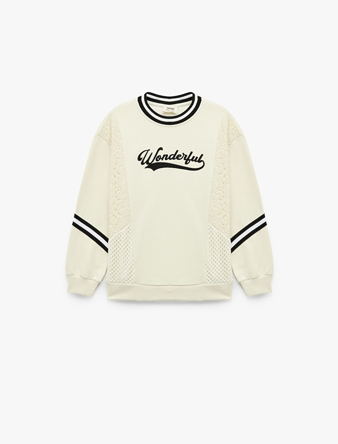 Şardonlu Uzun Kollu Bisiklet Yaka Dantel Detaylı Baskılı Oversize Sweatshirt