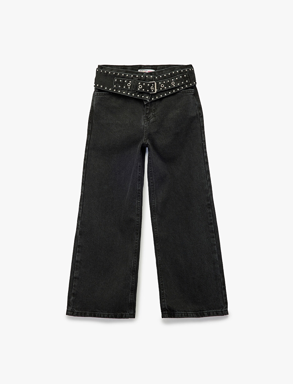 Kuşgözü Detaylı Pamuklu Kemerli Geniş Paça Denim Pantolon